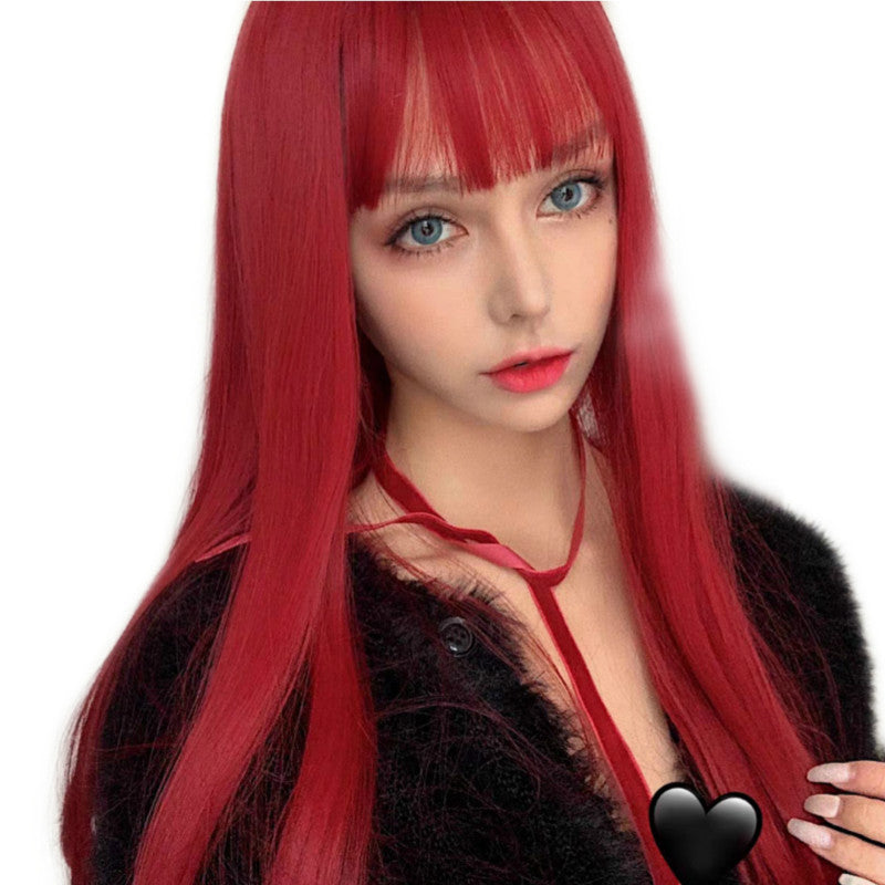 Japanese and Korean manga bangs wig, women's red waist length straight hair, internet celebrity, same style synthetic headband