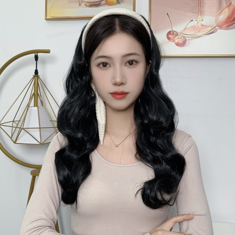Side Headband Wig Women's Long Synthetic Hair Body Wave Small Cap 100% Density Slightly Curly Half Head Set