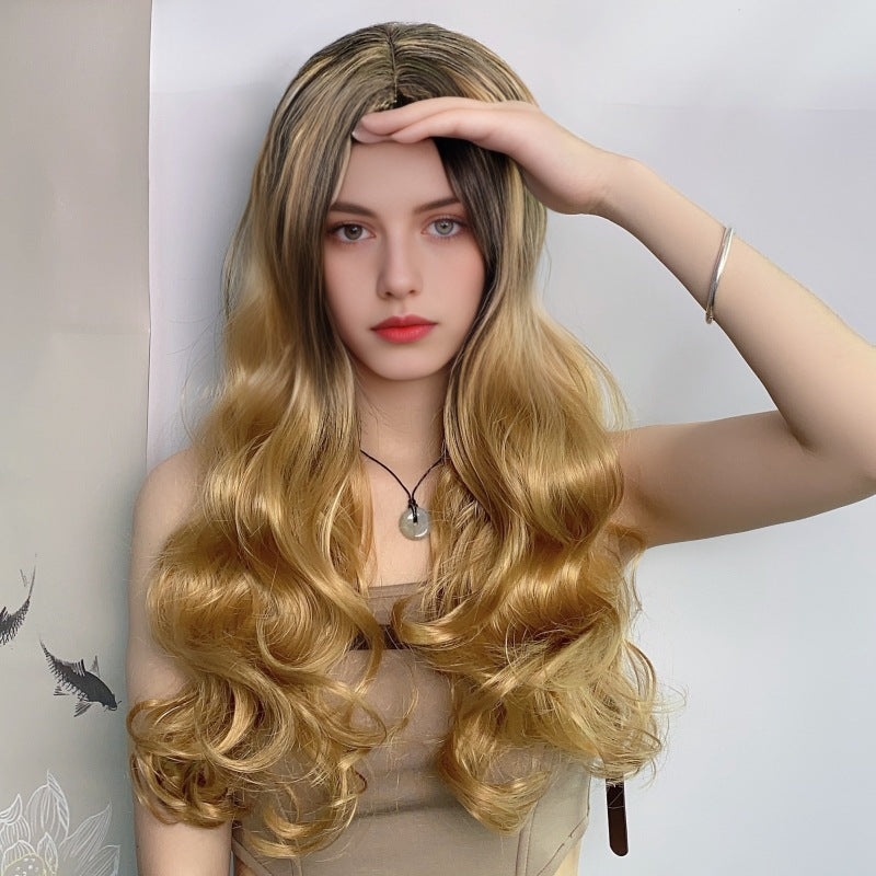 Women's Small Body Wave Long Curly Hair Black Gradient Pink Simulated Scalp Wig Set in Stock