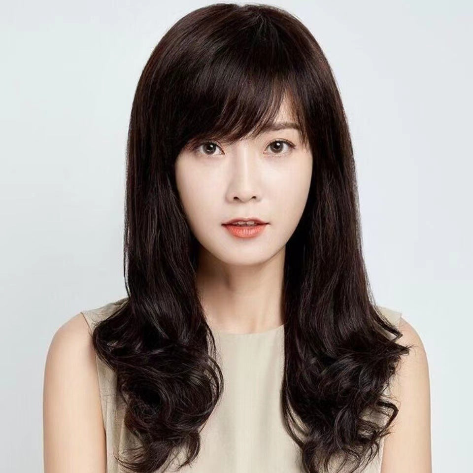Coolhair Black Body Wave Heat Resistant Synthetic Wig 100% Density Flat Bangs Natural Hairline Women Daily Use Korean Style
