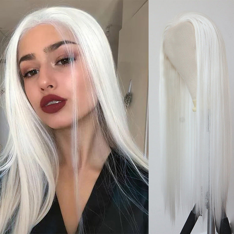 European and American Best-Selling Pure White Long Straight Hair Medium Split Fiberglass Wig Head Cover Wigs Manufacturer