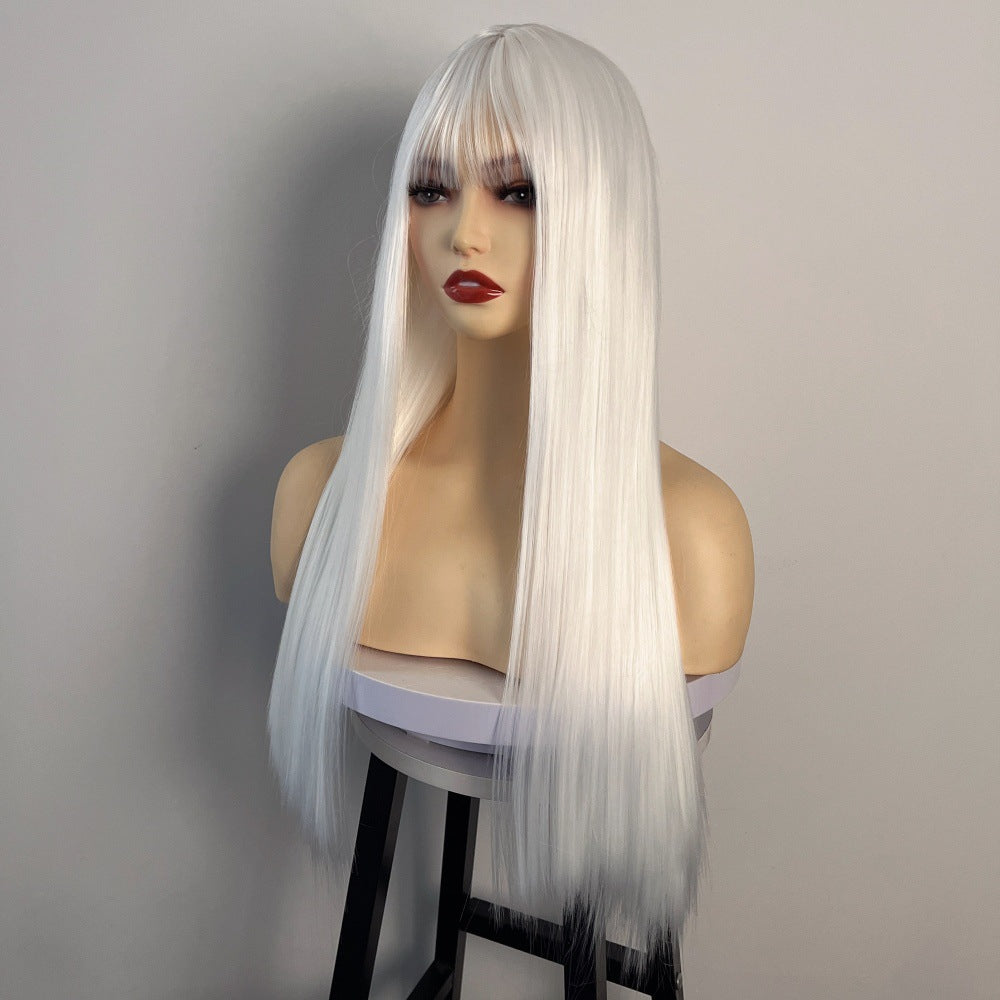 High-Grade Fiber Synthetic Wig Long and Loose Straight White Hair Coolhair Wig Elastic Breathable Cap with Rose Mesh