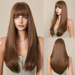 Coolhair Small Cap Dark Brown Natural Straight Synthetic Wig 26 Inches Heat Resistant with Bangs for Women