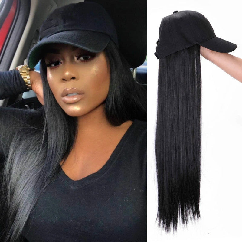 Wig Women's European and American Foreign Trade Wig Hat Integrated Black Long Straight Fiber Women's Headset