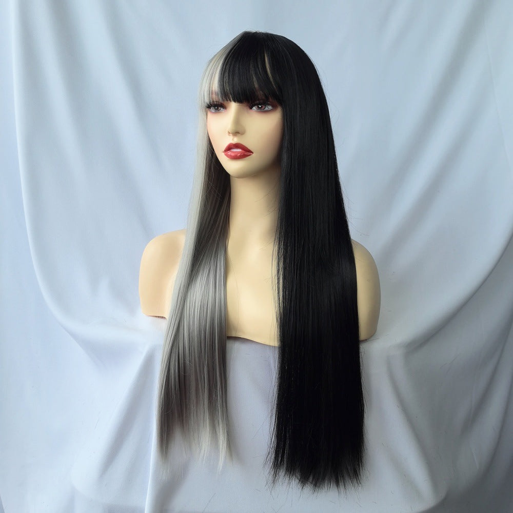 Coolhair Wig Black White Long Straight Wig with Bangs Synthetic Costume Hair Wig for Women Cosplay Anime Party Halloween