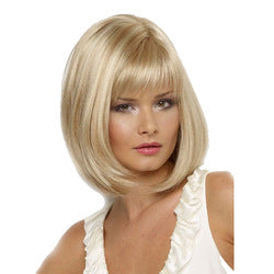 Coolhair Wholesale Small Cap Dark Brown Gold Layered Synthetic Short Bob Wig with Straight Bangs Looks Natural