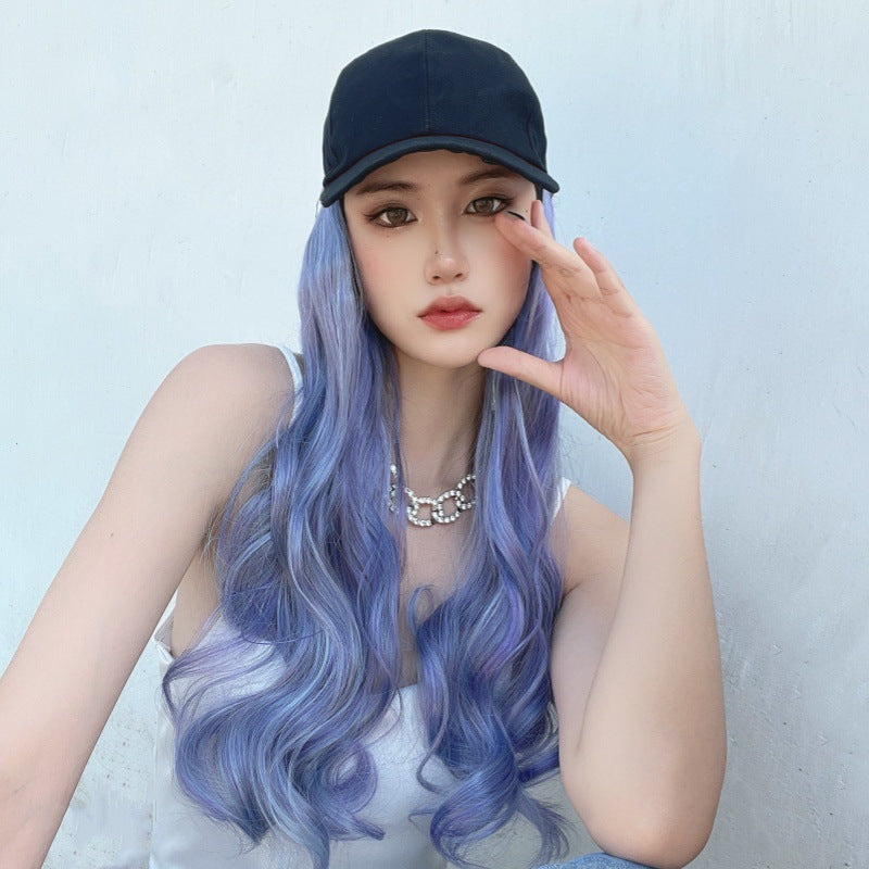 Hat wig women's synthetic mechanism color long hair big wave baseball cap integrated simulation long curly hair
