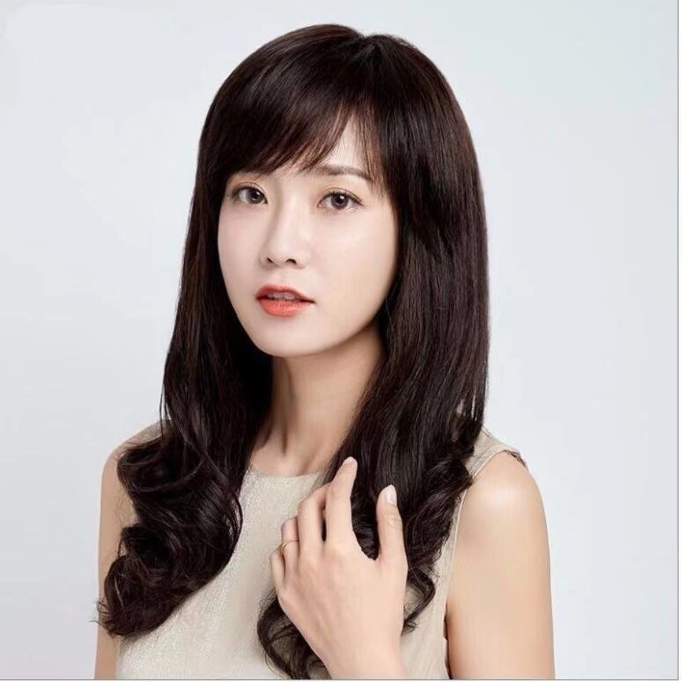 Coolhair Black Body Wave Heat Resistant Synthetic Wig 100% Density Flat Bangs Natural Hairline Women Daily Use Korean Style