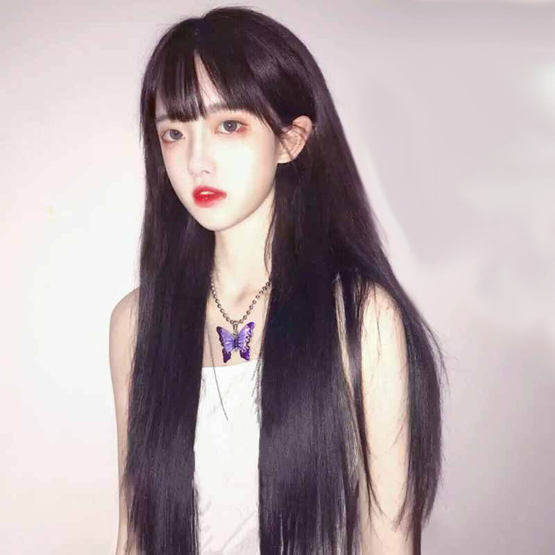 Japanese and Korean manga bangs wig, women's red waist length straight hair, internet celebrity, same style synthetic headband