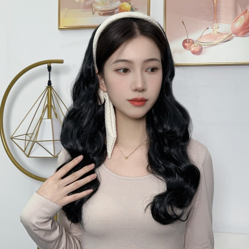 Side Headband Wig Women's Long Synthetic Hair Body Wave Small Cap 100% Density Slightly Curly Half Head Set