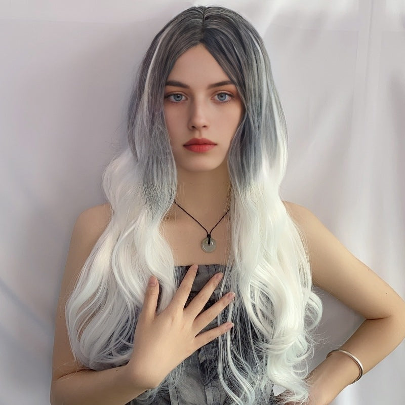 Women's Small Body Wave Long Curly Hair Black Gradient Pink Simulated Scalp Wig Set in Stock