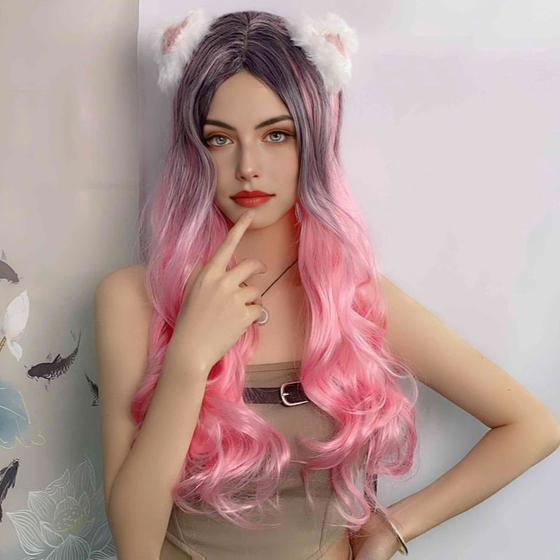 Women's Small Body Wave Long Curly Hair Black Gradient Pink Simulated Scalp Wig Set in Stock