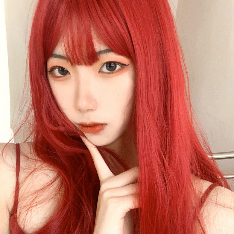 Japanese and Korean manga bangs wig, women's red waist length straight hair, internet celebrity, same style synthetic headband