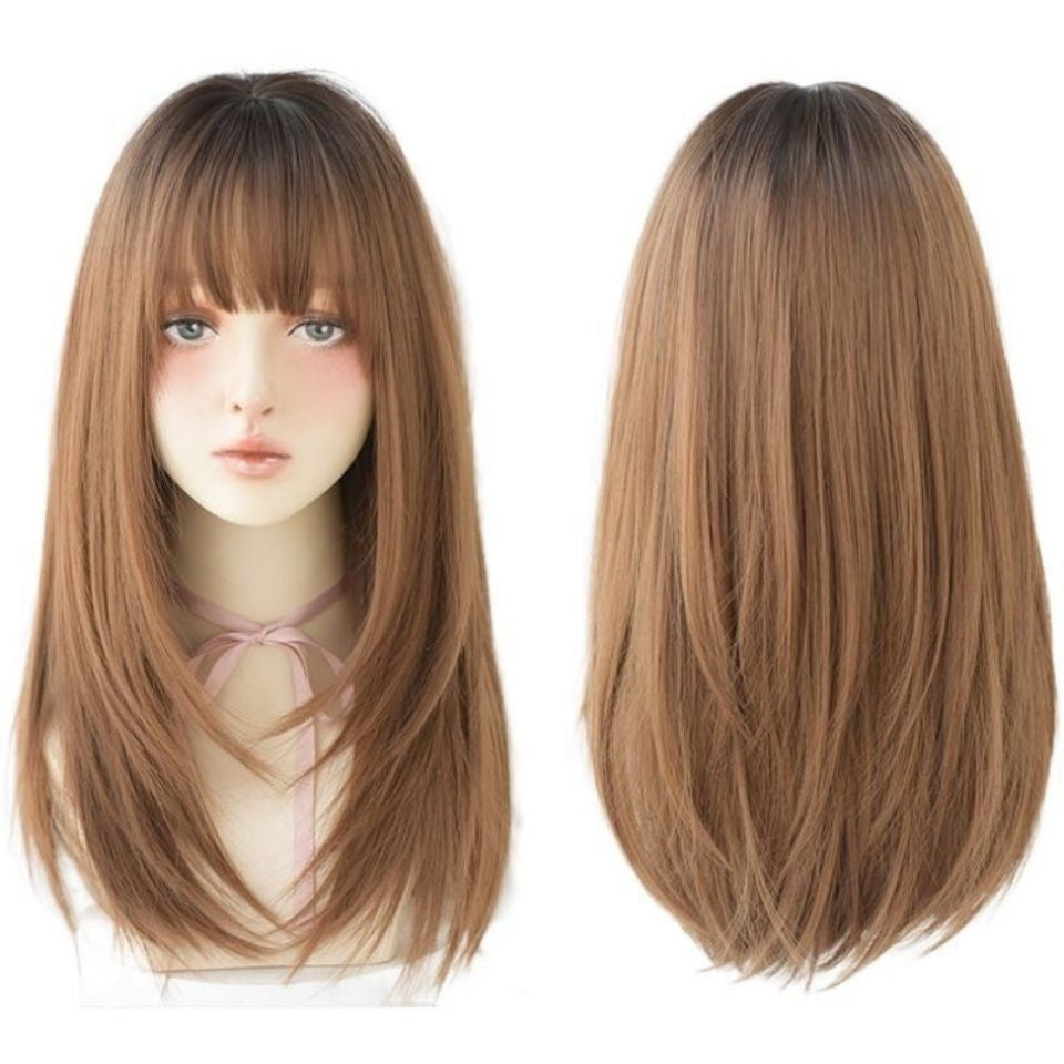 Wholesale Price Small Cap Coolhair Wig Long Straight Perruques with Bangs Brown Synthetic Heat Resistant Wig for Women